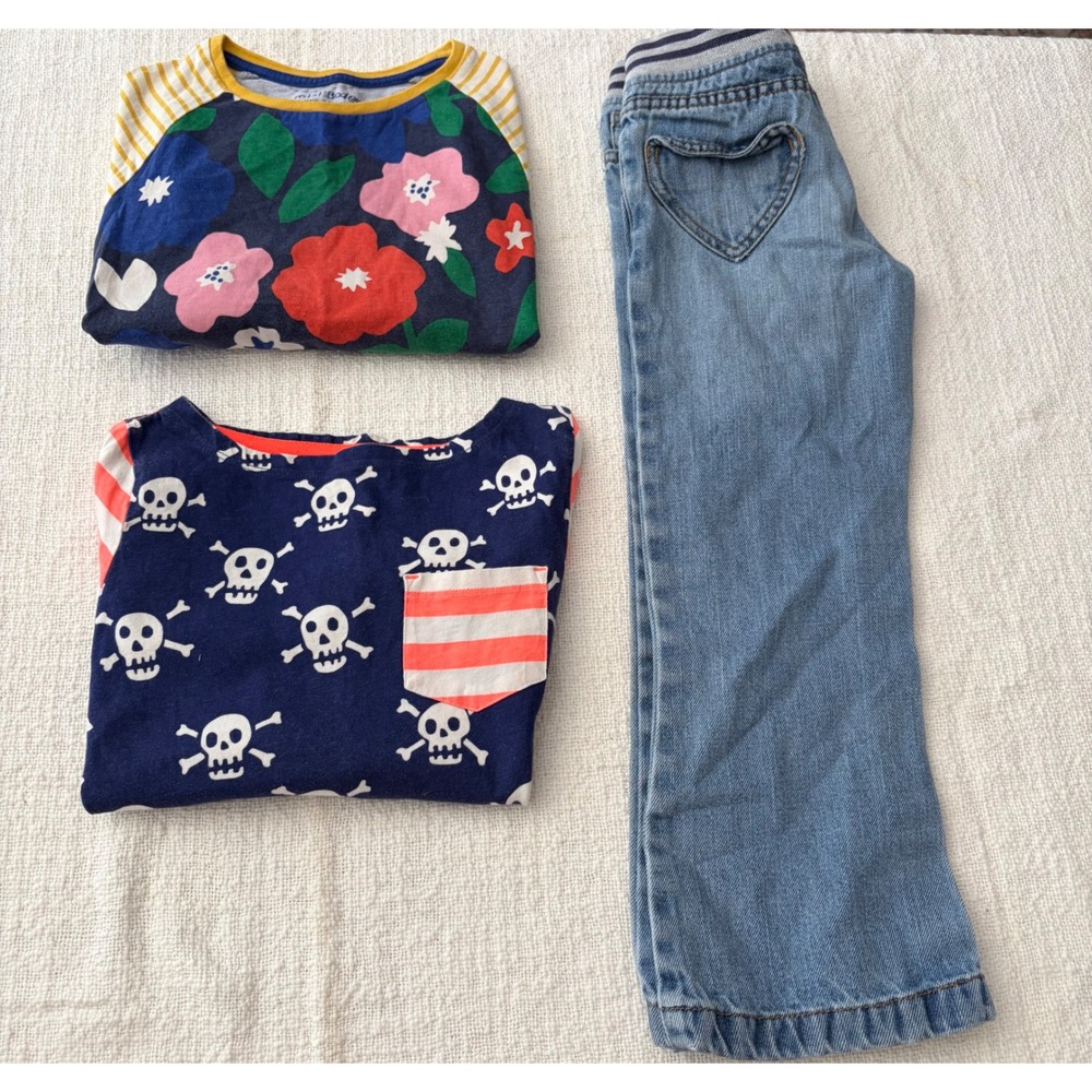 Mini Boden Girls Lot 3pc Floral Skull Tops Heart Patch Jeans Size 6-7Y